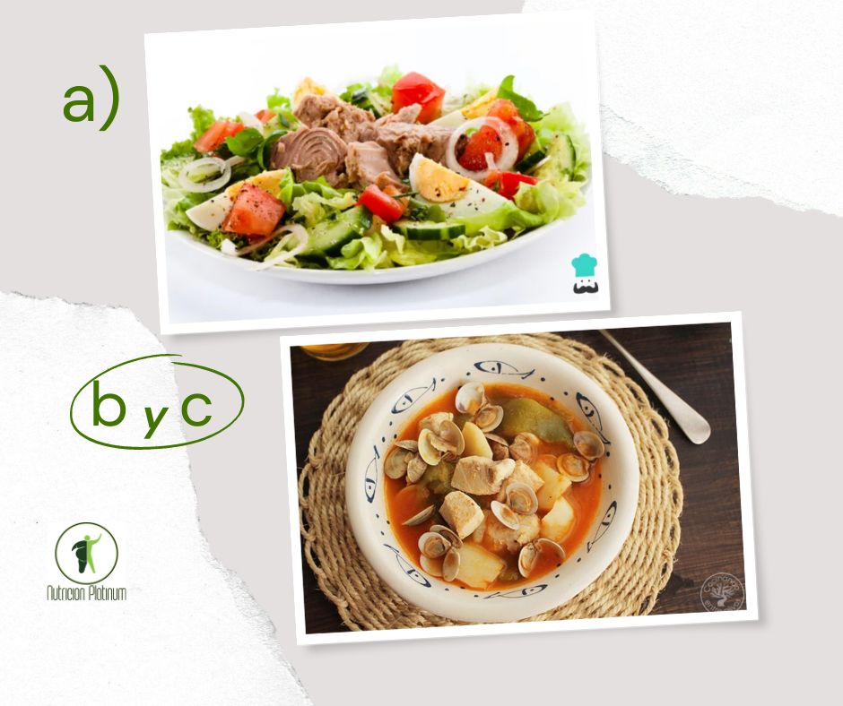 Ensalada de verduras variadas con caldo de pimentón de Almería con marrajo y almejas